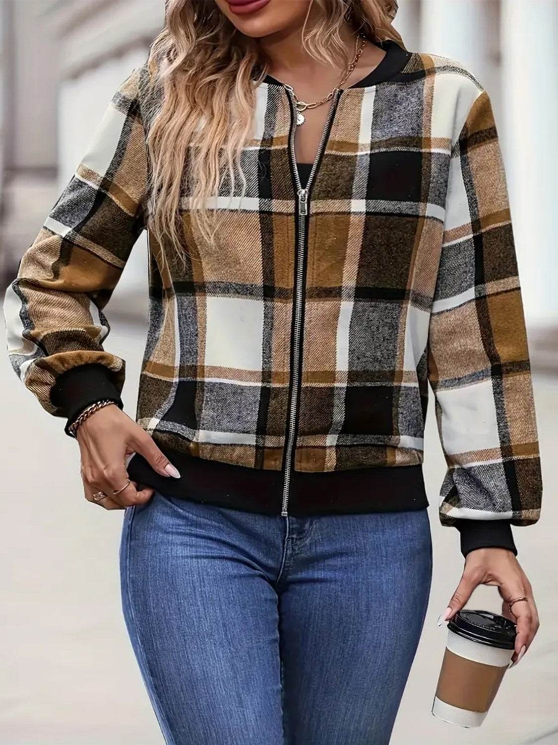 Plus Size Plaid Baseball Collar Zip Up Jacket - Hovatok