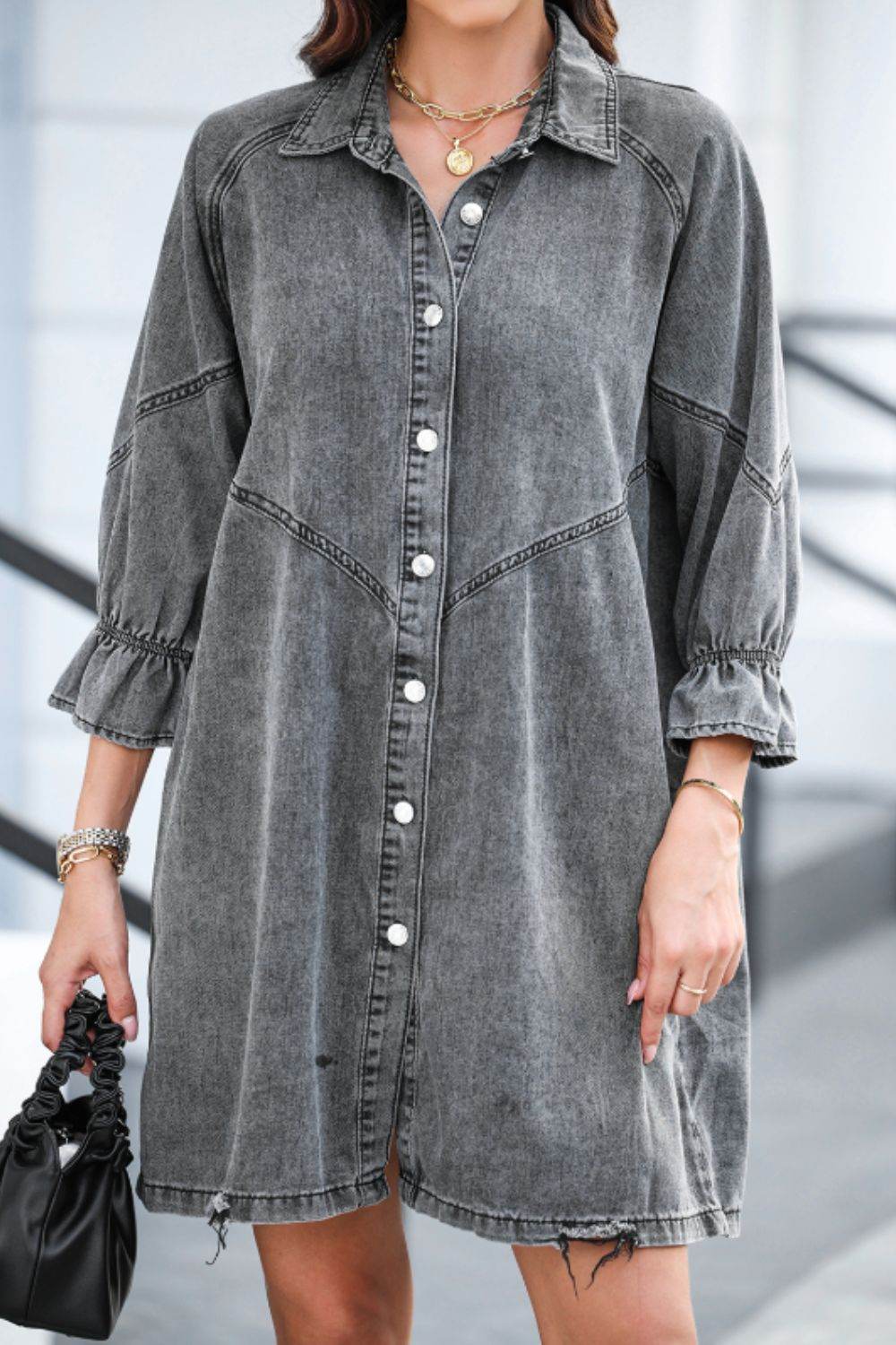 Distressed Collared Neck Flounce Sleeve Denim Dress - Hovatok