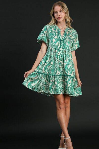 Umgee Full Size Printed Notched Puff Sleeve Mini Dress Plus Size - Hovatok