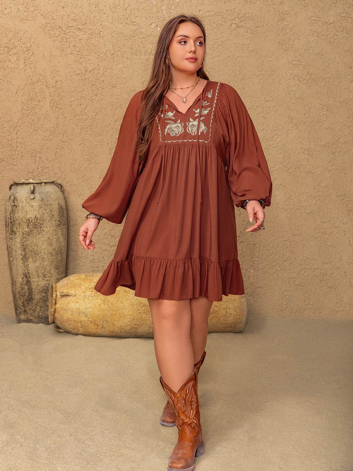 Plus Size Embroidered Tie Neck Balloon Sleeve Mini Dress - Hovatok