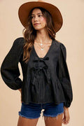 Annie Wear Tie Front Peplum Long Sleeve Denim Top - Hovatok