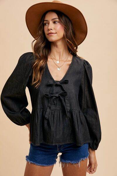Annie Wear Tie Front Peplum Long Sleeve Denim Top - Hovatok