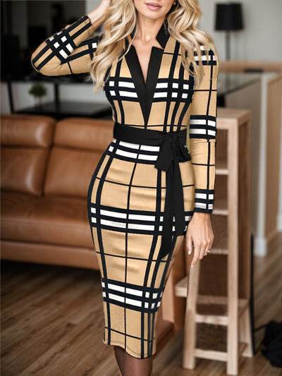 Plus Size Plaid V-Neck Long Sleeve Wrap Dress - Hovatok