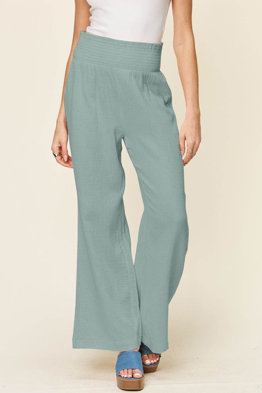 Double Take Full Size Texture Smocked Waist Wide Leg Pants - Hovatok