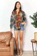 Double Take Plaid Curved Hem Shirt Jacket with Breast Pockets - Hovatok