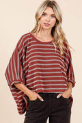 Mittoshop Texture Striped Print Round Neck Dolman Sleeve Top - Hovatok