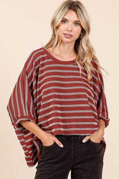 Mittoshop Texture Striped Print Round Neck Dolman Sleeve Top - Hovatok