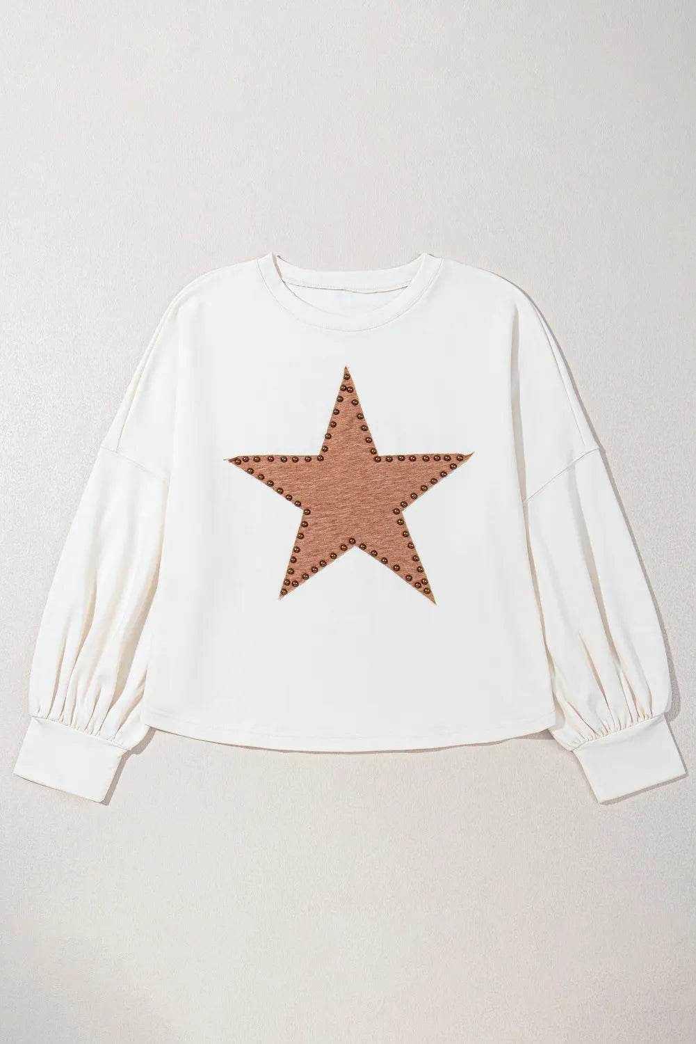 Plus Size Studded Star Round Neck Long Sleeve Blouse - Hovatok