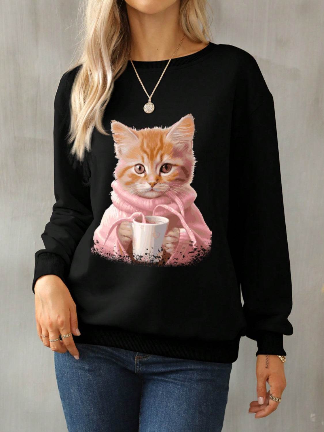Cat Round Neck Long Sleeve Sweatshirt - Hovatok