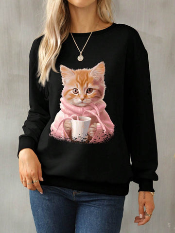 Cat Round Neck Long Sleeve Sweatshirt - Hovatok