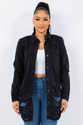 American Bazi Distressed Button Up Long Sleeve Denim Jacket - Hovatok