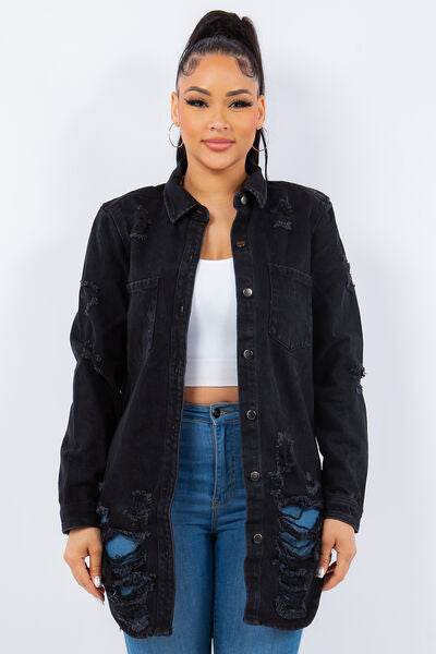 American Bazi Distressed Button Up Long Sleeve Denim Jacket - Hovatok