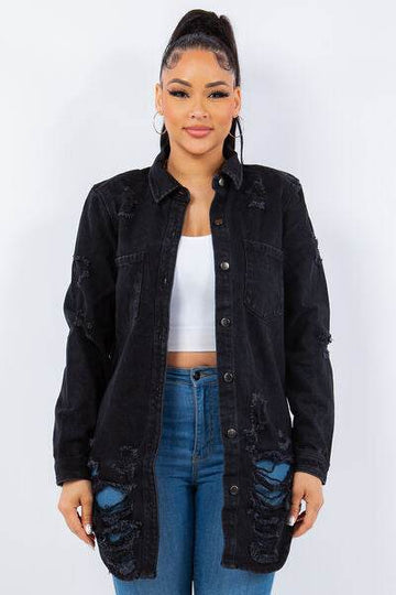 American Bazi Distressed Button Up Long Sleeve Denim Jacket - Hovatok