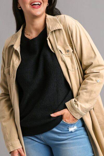 Umgee Full Size Round Neck Long Sleeve Sweater Plus Size - Hovatok