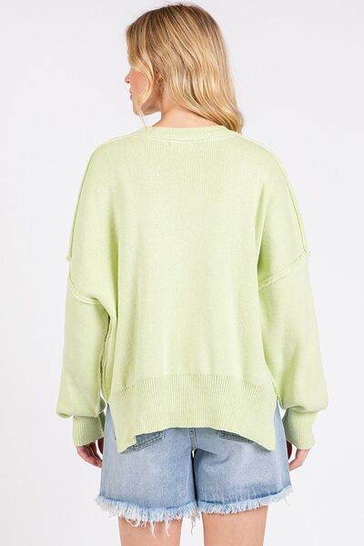 Mittoshop Side Slit Round Neck Drop Shoulder Sweater - Hovatok