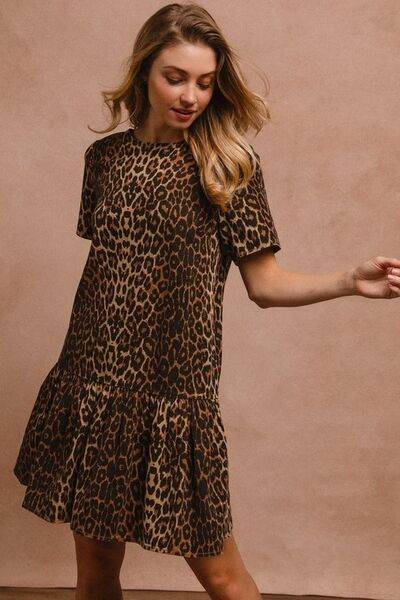 BiBi Tie Back Leopard Round Neck Short Sleeve Dress - Hovatok