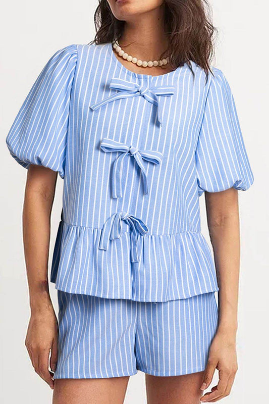 Striped Bowknot Detail Puff Sleeve Top and Shorts Set - Hovatok