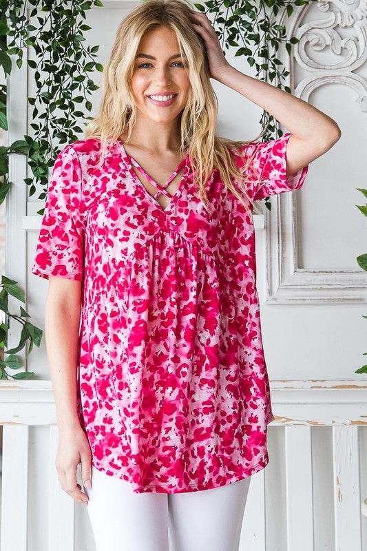 Heimish Full Size Short Sleeve Crisscross Animal Babydoll Top Plus Size - Hovatok