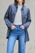 Pocketed Collared Neck Long Sleeve Denim Top - Hovatok