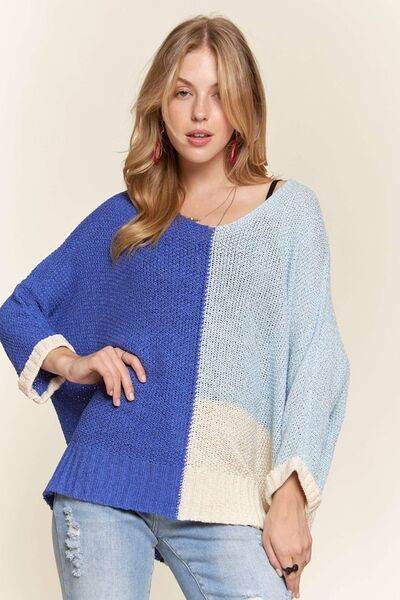 ADORA Side Slit Color Block Long Sleeve Sweater - Hovatok