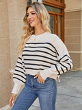 Round Neck Striped Lantern Sleeve Sweater - Hovatok