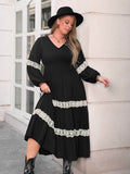 Plus Size Lace Detail V-Neck Long Sleeve Midi Dress - Hovatok