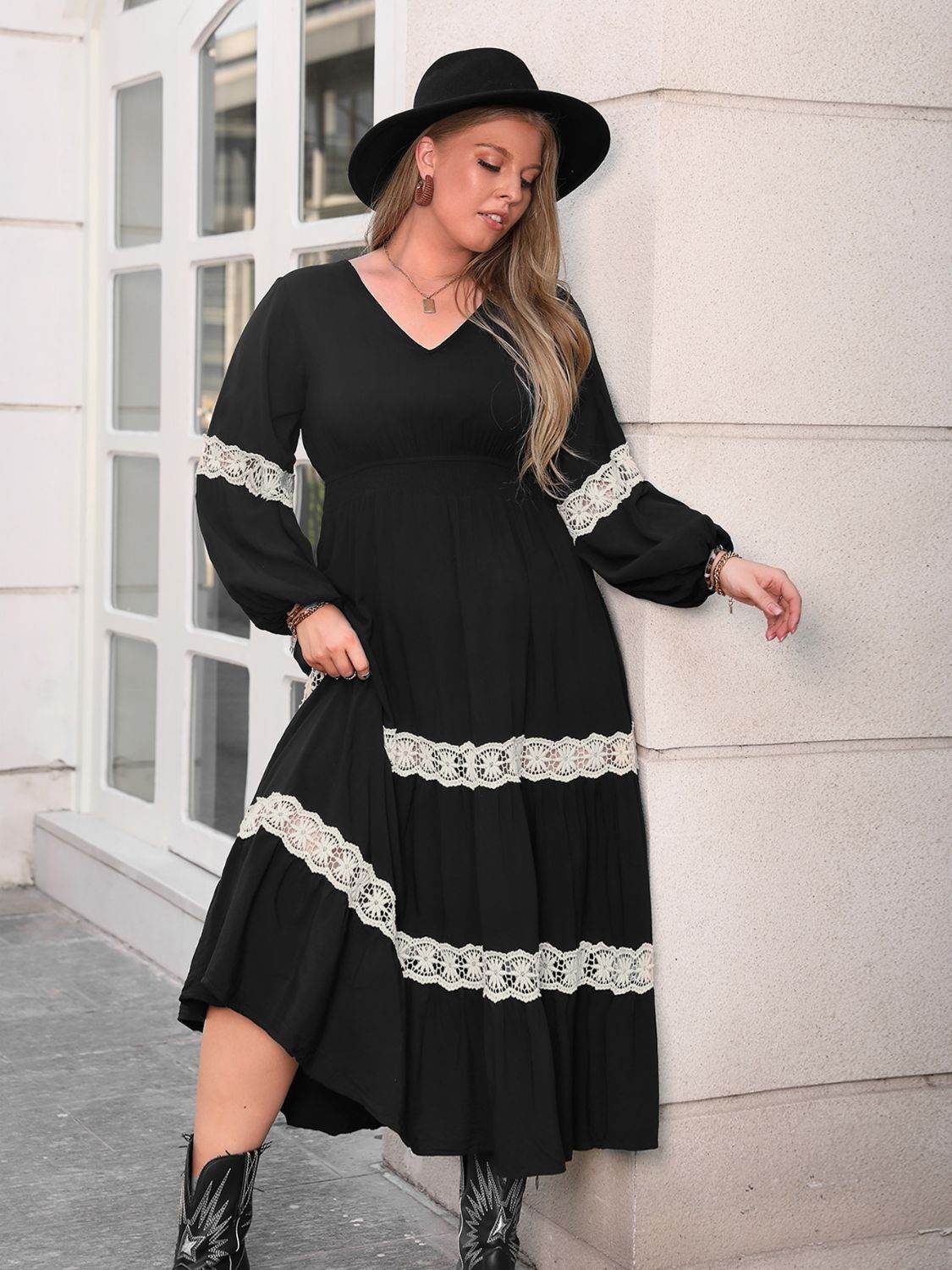 Plus Size Lace Detail V-Neck Long Sleeve Midi Dress - Hovatok