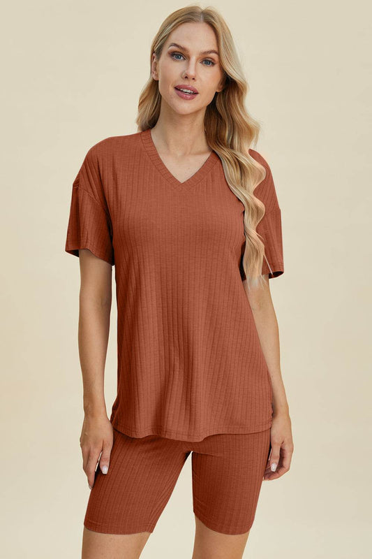 Basic Bae Full Size Ribbed V-Neck Short Sleeve Top and Shorts Set - Hovatok