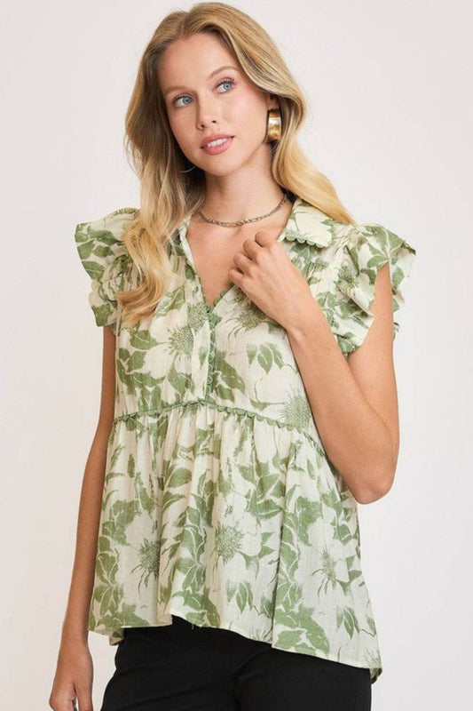 Umgee Full Size Botanical Print Babydoll Top Plus Size - Hovatok