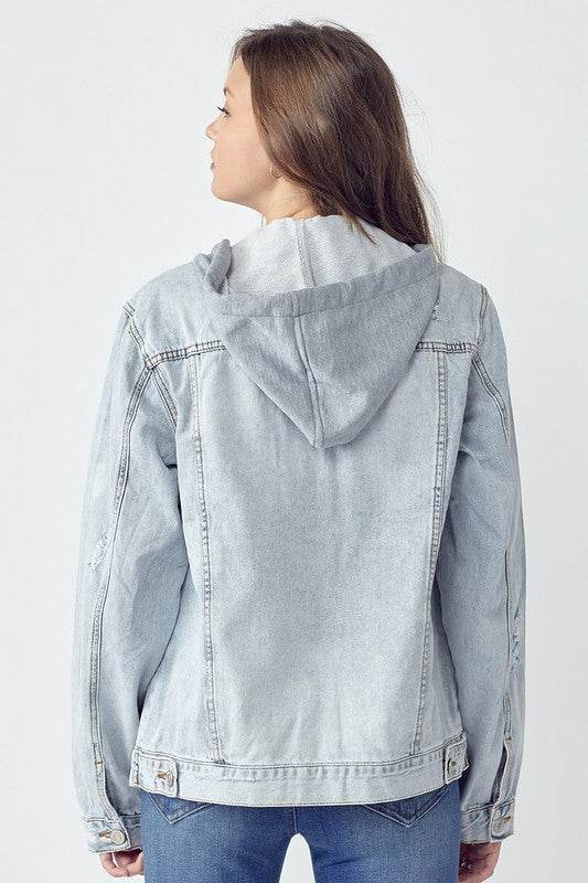 RISEN Full Size Distressed Drawstring Hooded Denim Jacket - Hovatok