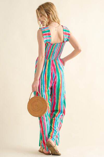 And The Why Full Size Striped Smocked Sleeveless Jumpsuit - Hovatok