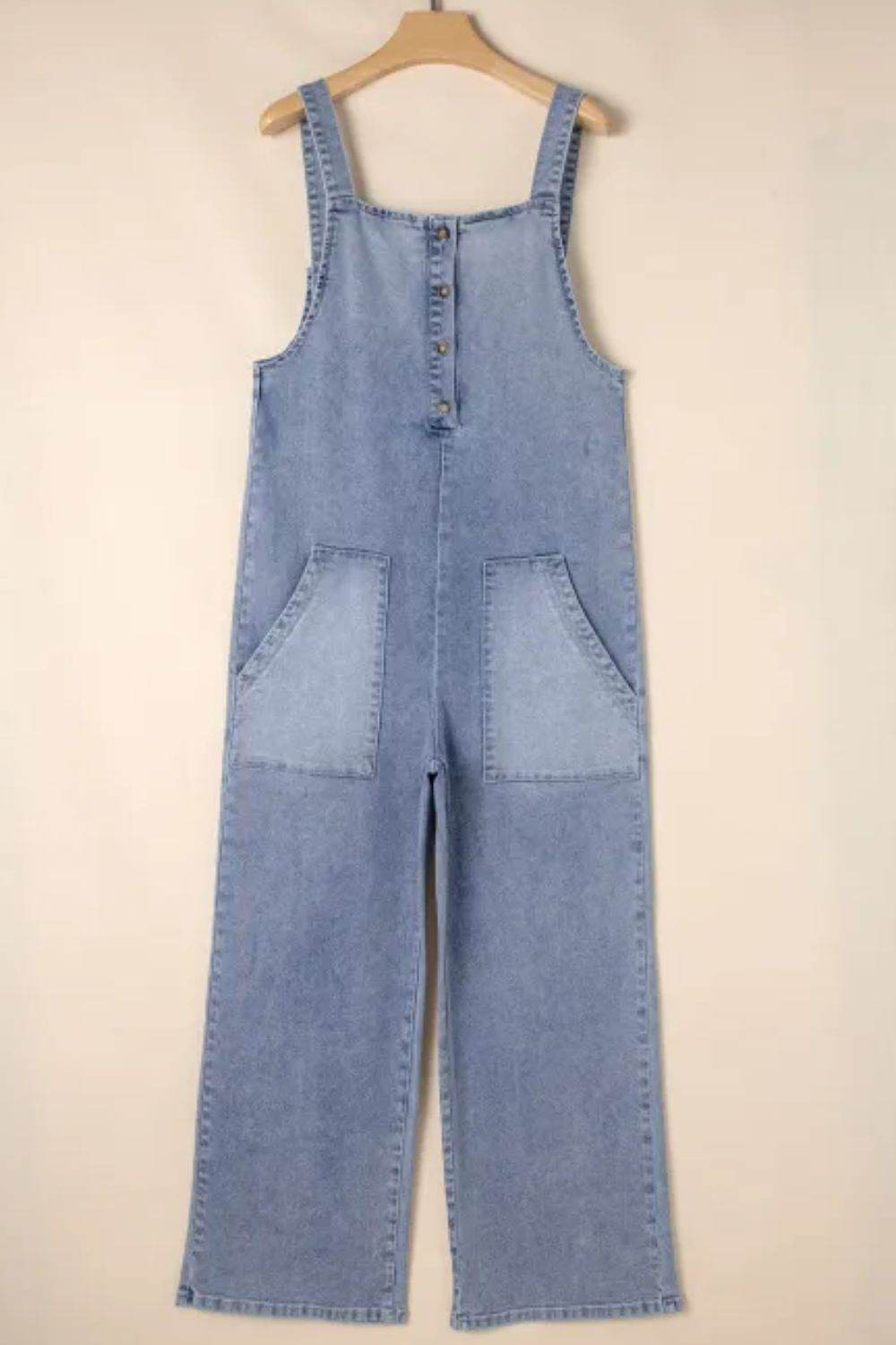 Wide Strap Denim Overalls with Pockets - Hovatok