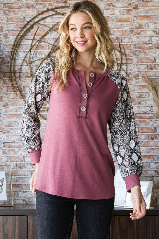 Heimish Full Size Snakeskin Print Raglan Sleeve Half Button Top - Hovatok