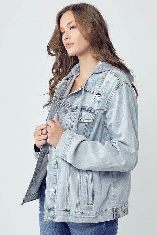 RISEN Full Size Distressed Drawstring Hooded Denim Jacket - Hovatok