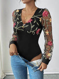 Perfee Embroidered V-Neck Long Sleeve Bodysuit - Hovatok