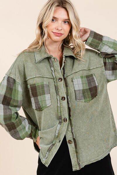 Mittoshop Button Down Contrast Plaid Patchwork Shacket - Hovatok