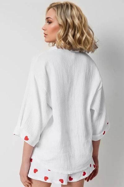 Basic Bae Heart Collared Neck Button Down Top and Shorts Set - Hovatok