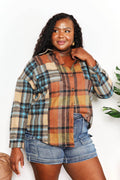 Double Take Plaid Curved Hem Shirt Jacket with Breast Pockets - Hovatok