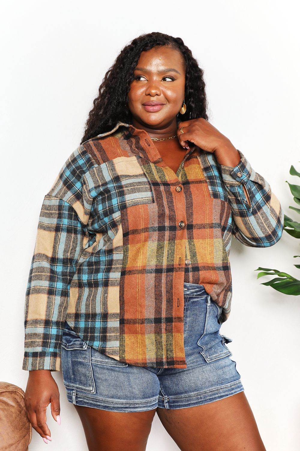 Double Take Plaid Curved Hem Shirt Jacket with Breast Pockets - Hovatok