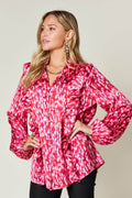 Double Take Full Size Printed Ruffle Trim Balloon Sleeve Shirt - Hovatok