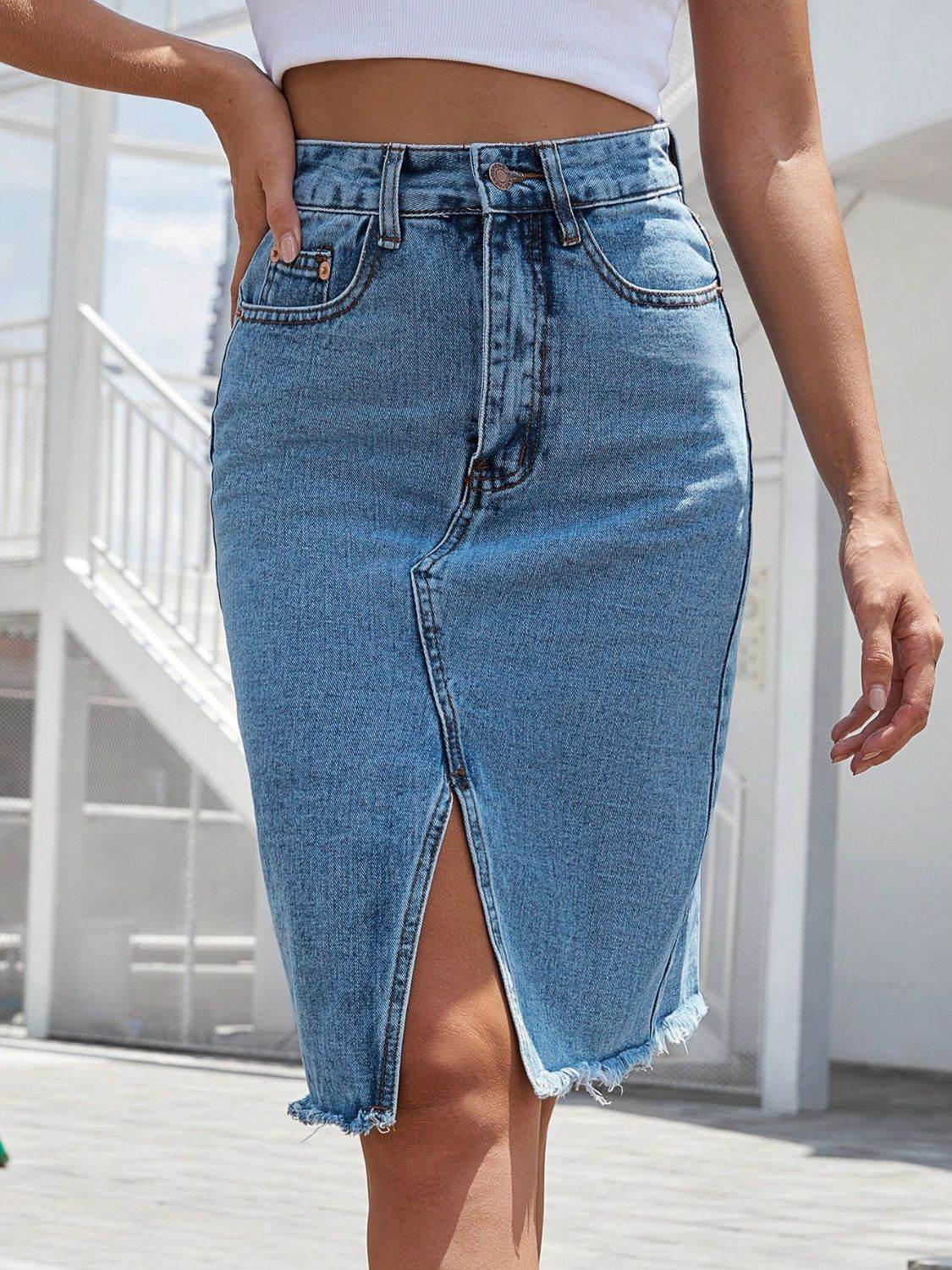 Raw Hem Slit Denim Skirt - Hovatok