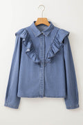 Ruffled Collared Neck Long Sleeve Denim Top - Hovatok