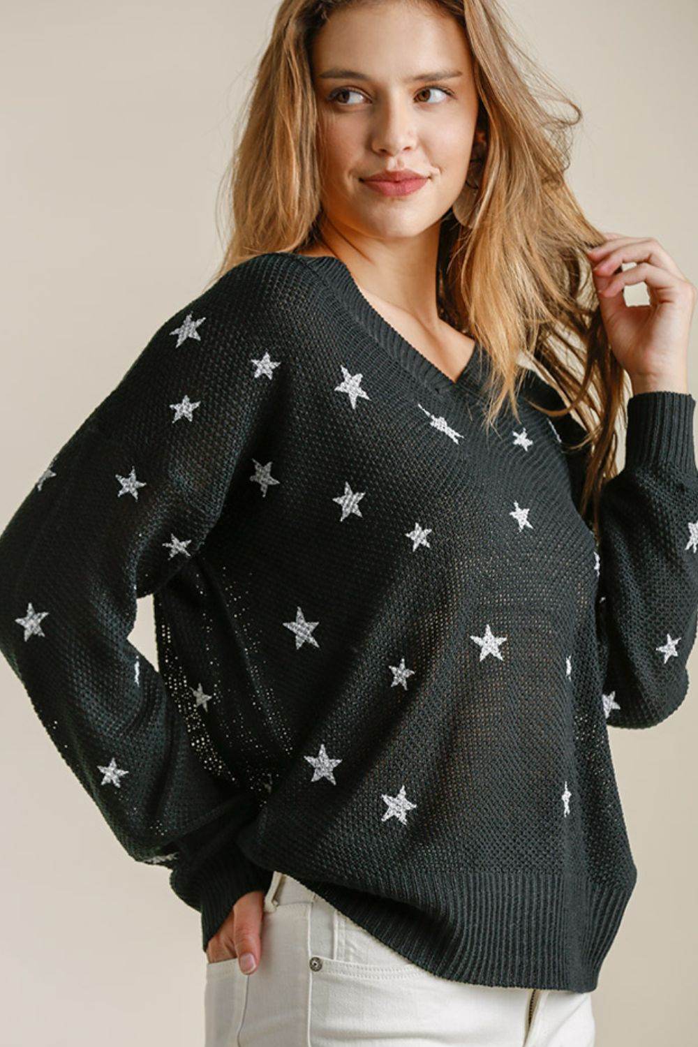 Umgee Full Size Star V-Neck Long Sleeve Sweater Plus Size - Hovatok