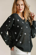 Umgee Full Size Star V-Neck Long Sleeve Sweater Plus Size - Hovatok