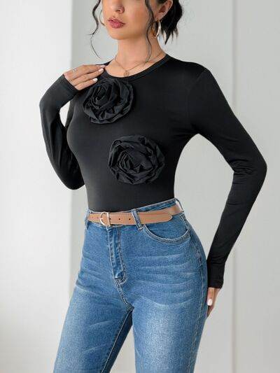 Perfee Flower Round Neck Long Sleeve Bodysuit - Hovatok