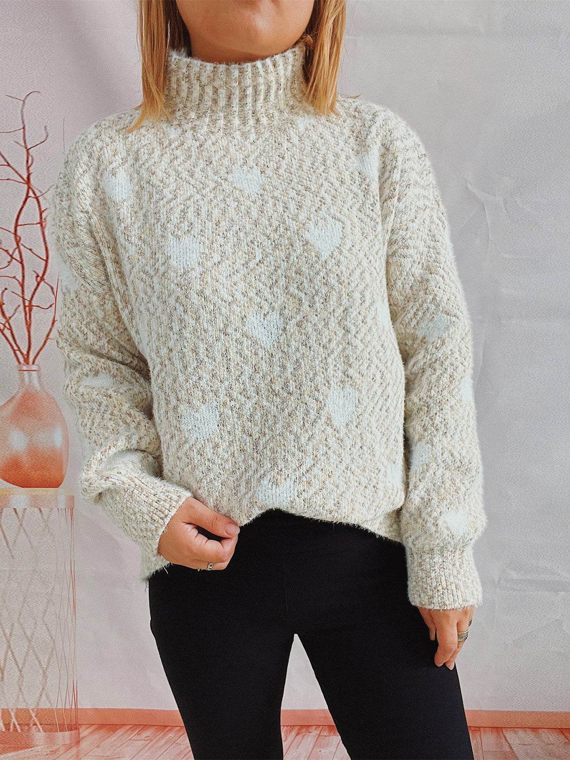 Heart Heathered Turtleneck Drop Shoulder Sweater - Hovatok
