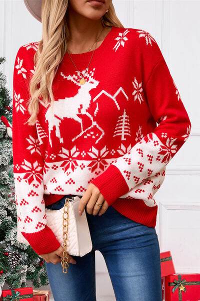 Angel Wings Deer Pattern Round Neck Long Sleeve Sweater - Hovatok