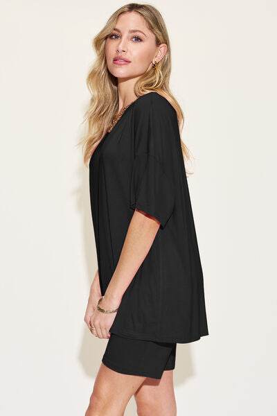 Basic Bae Bamboo Full Size V-Neck Drop Shoulder T-Shirt and Shorts Set - Hovatok