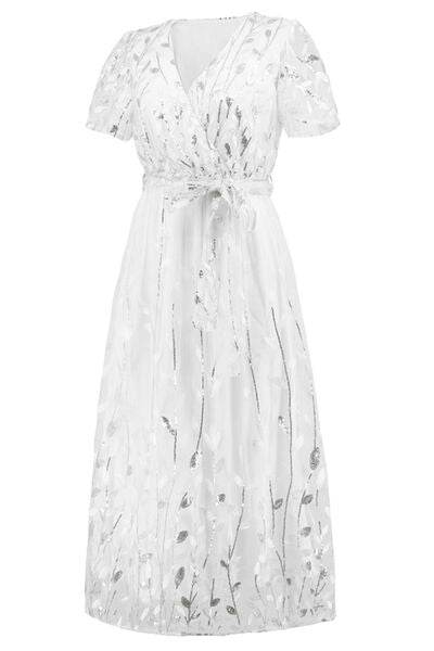 Sequin Leaf Embroidery Tie Front Short Sleeve Dress - Hovatok