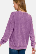 Zenana Washed Round Neck Dropped Shoulder Sweatshirt - Hovatok